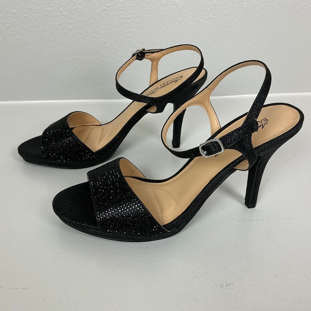 Badgley Mischka Yasmin Black High Heels Metallic Ankle Strap Shoes Size 8 - Picture 2 of 9